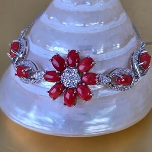 925 Sterling Silver Adjustable Bracelet with Natural Coral & CZ